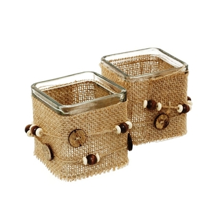 Glass Tealight Candle Holders Hessian Burlap Jute & Buttons Cube 7.5cm - Pack of 2